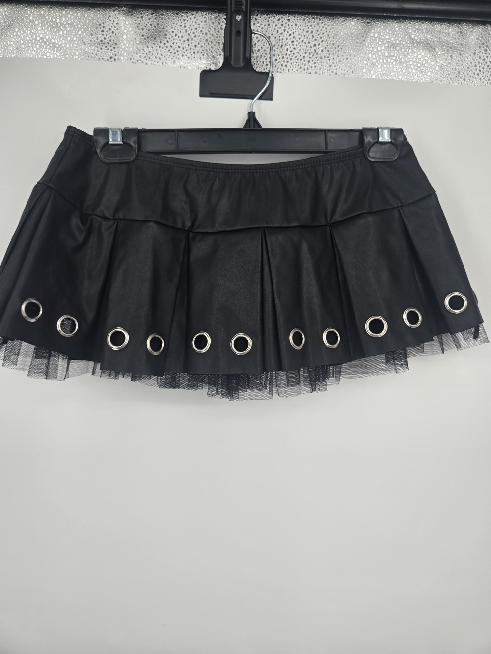 J. Peterman Black Faux Leather Micro Mini Skirt Silver Grommets (8239)